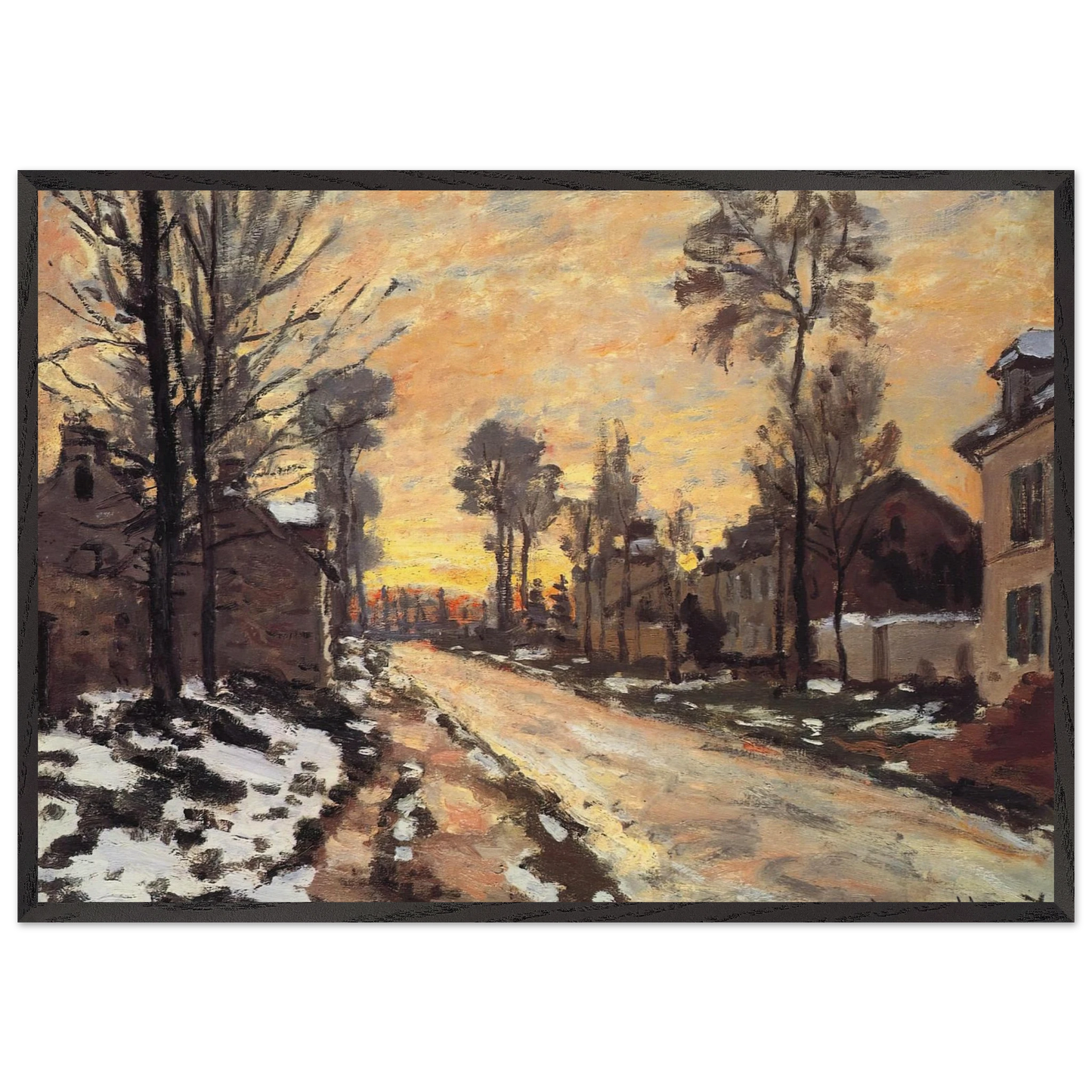 Road at Louveciennes Melting Snow Sunset - claude monet 70x100 cm / 28x40 inches Framed Art Print – Black Wooden Frame