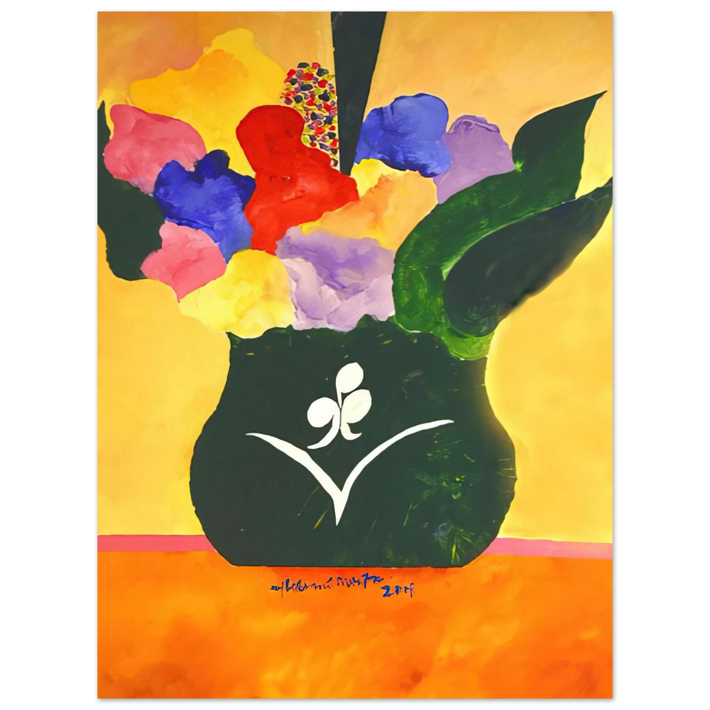 Aldemir Martins - Green Vase With Flowers and Fruit - 2001 75x100 cm / 30x40inches Fine Art Poster