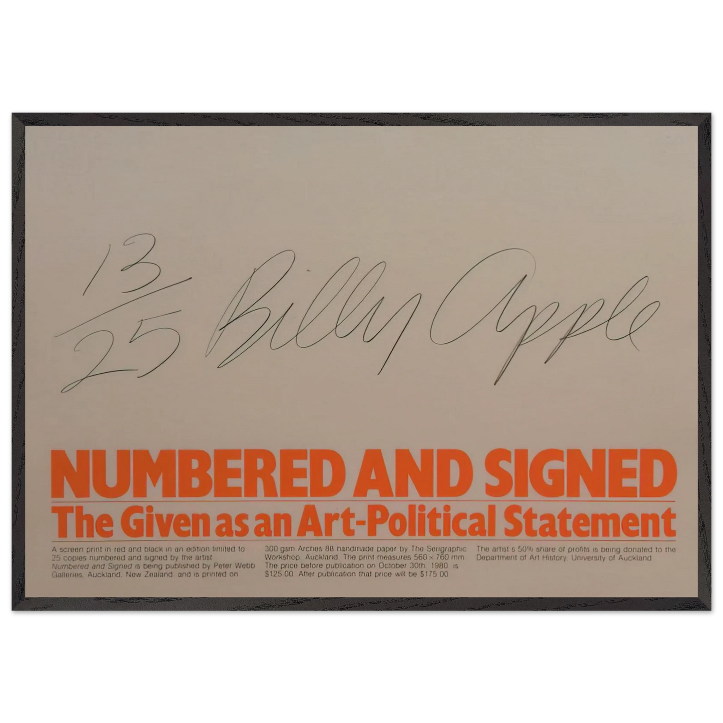 Numbered and Signed - 1980 - Billy Apple 70x100 cm / 28x40 inches Framed Art Print – Black Wooden Frame
