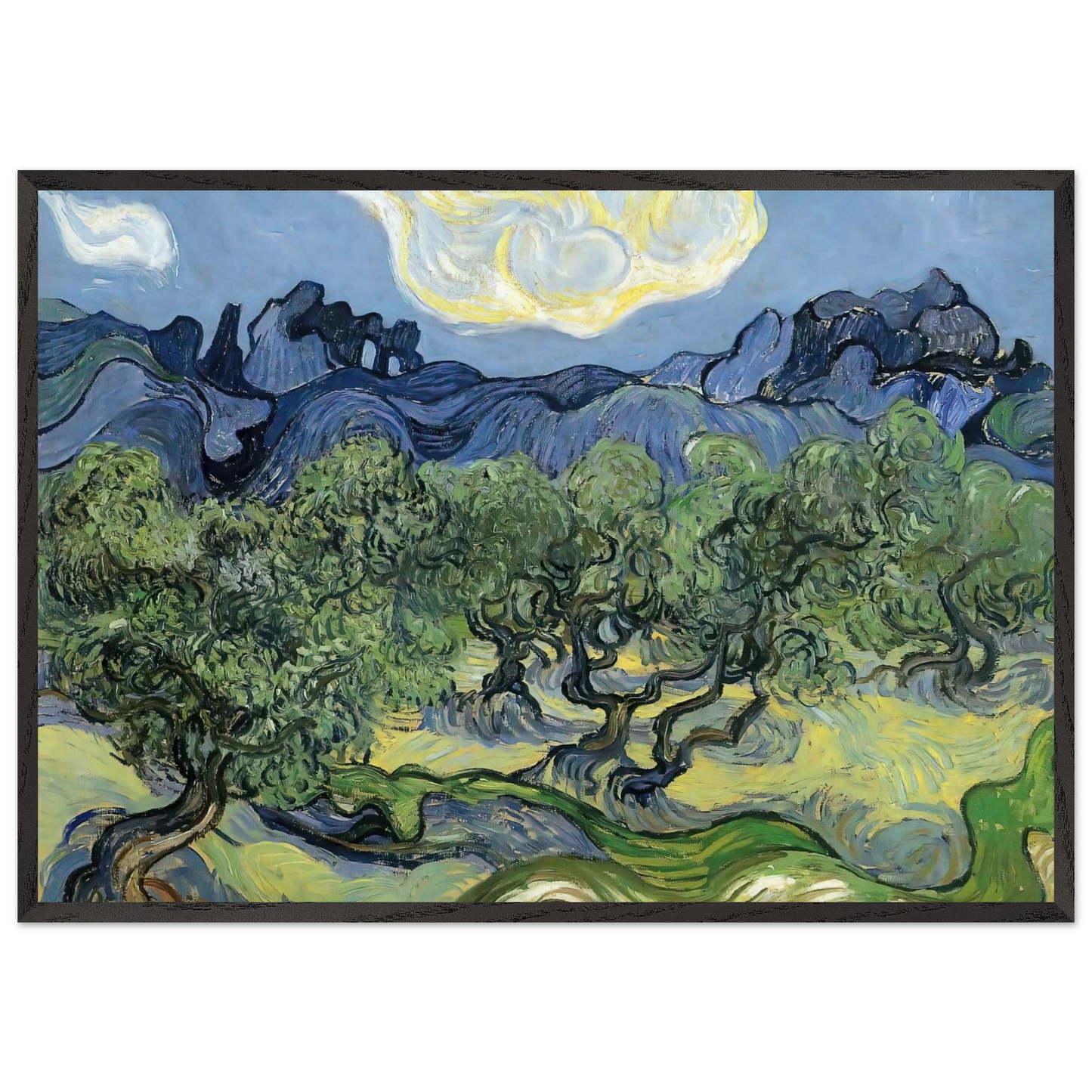 The Alpilles with Olive Trees in the Foreground - Vincent van Gogh 70x100 cm / 28x40 inches Framed Art Print – Black Wooden Frame