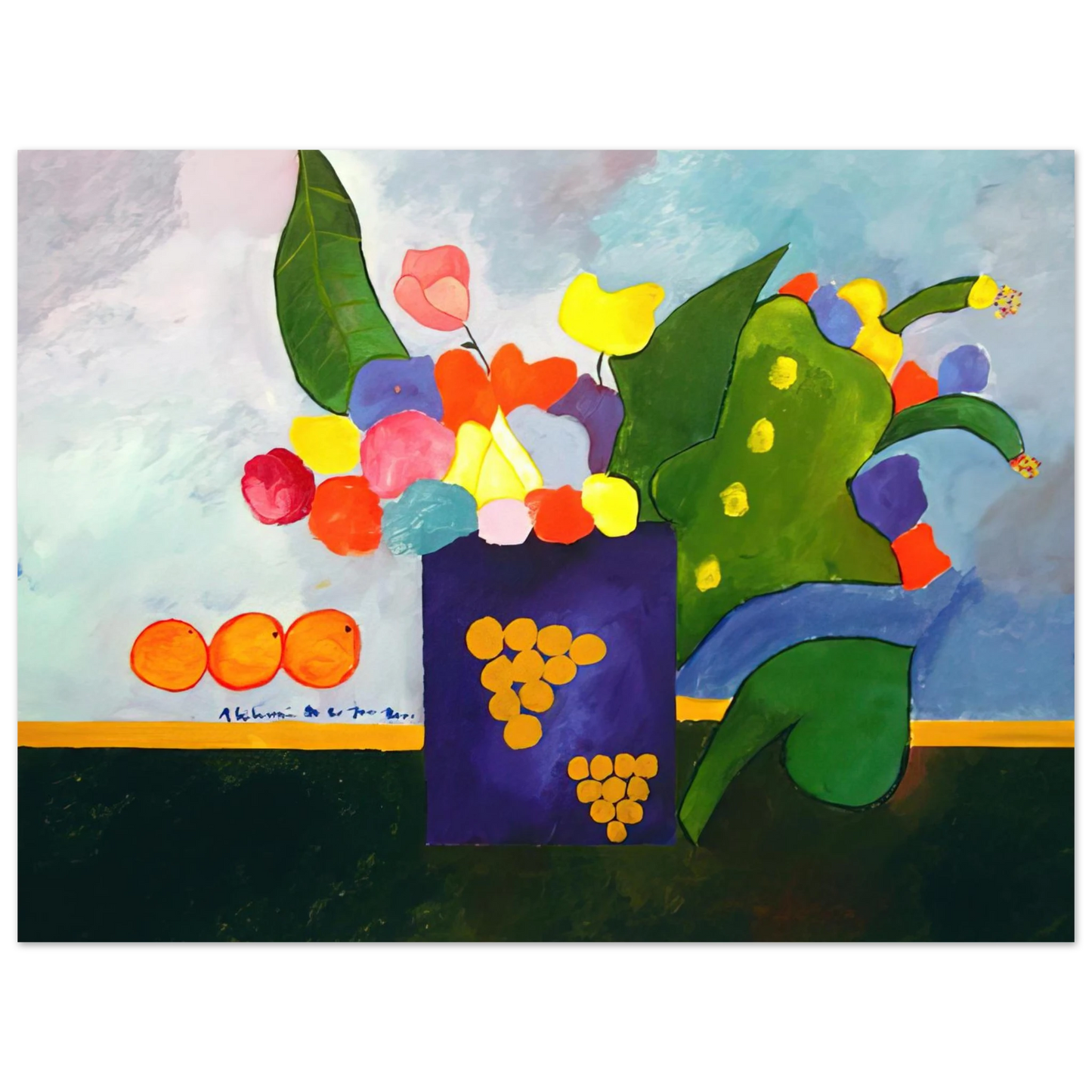 Aldemir Martins - Vase With Flowers and Fruit - 2001 75x100 cm / 30x40inches Fine Art Poster