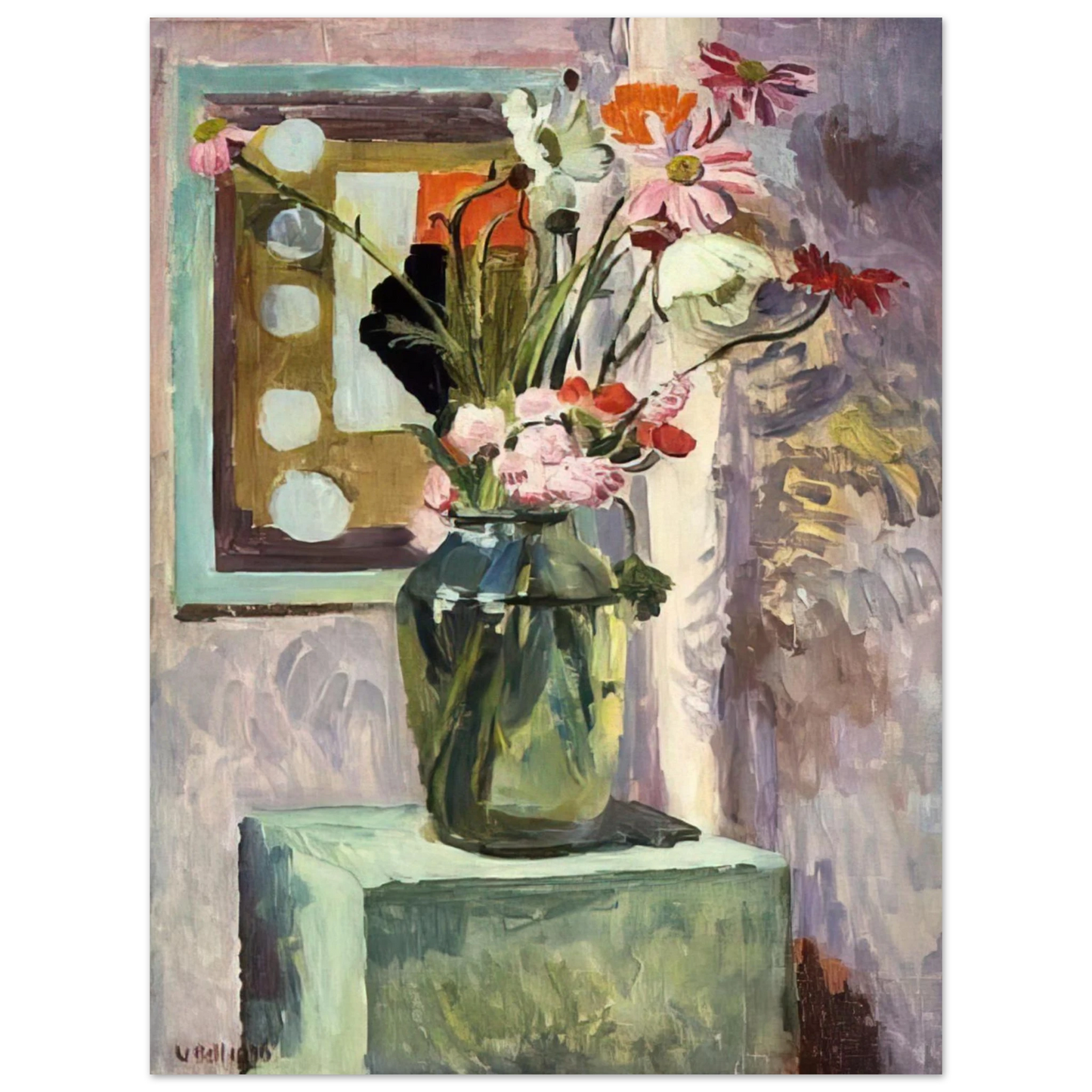 Vanessa Bell - FLOWERS IN A GLASS VASE WITH ABSTRACT NEEDLEWORK DESIGN 75x100 cm / 30x40inches Fine Art Poster