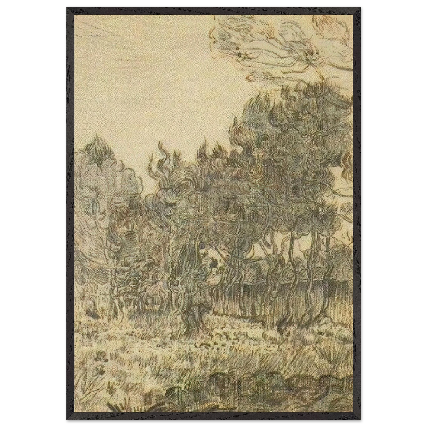 Pine Trees near the Wall of the Asylum - Vincent van Gogh 70x100 cm / 28x40 inches Framed Art Print – Black Wooden Frame