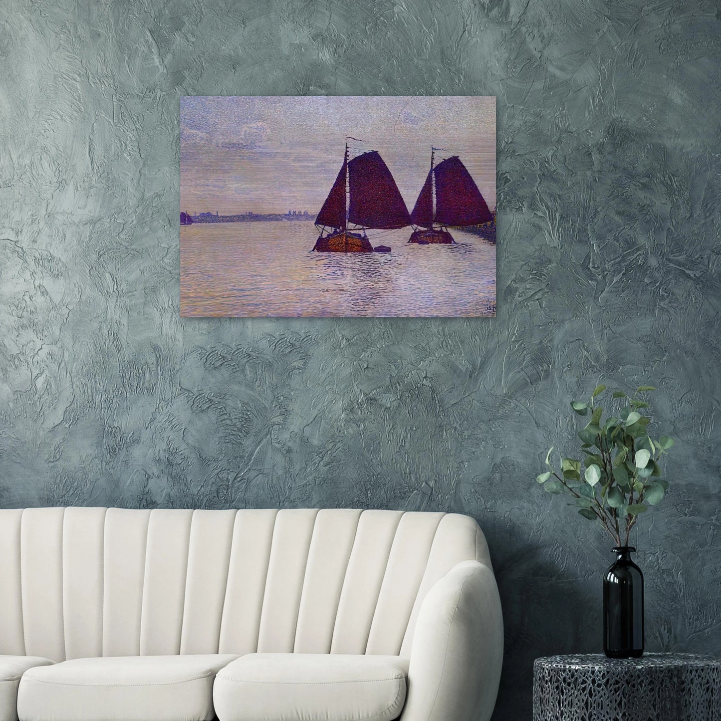 BARGES ON THE RIVER SCHELDT 1892 - Theo van Rysselberghe Brushed Aluminum Print - 70x100 cm / 28x40 inches | Theo van Rysselberghe Aluminum Print | Theo van Rysselberghe Prints