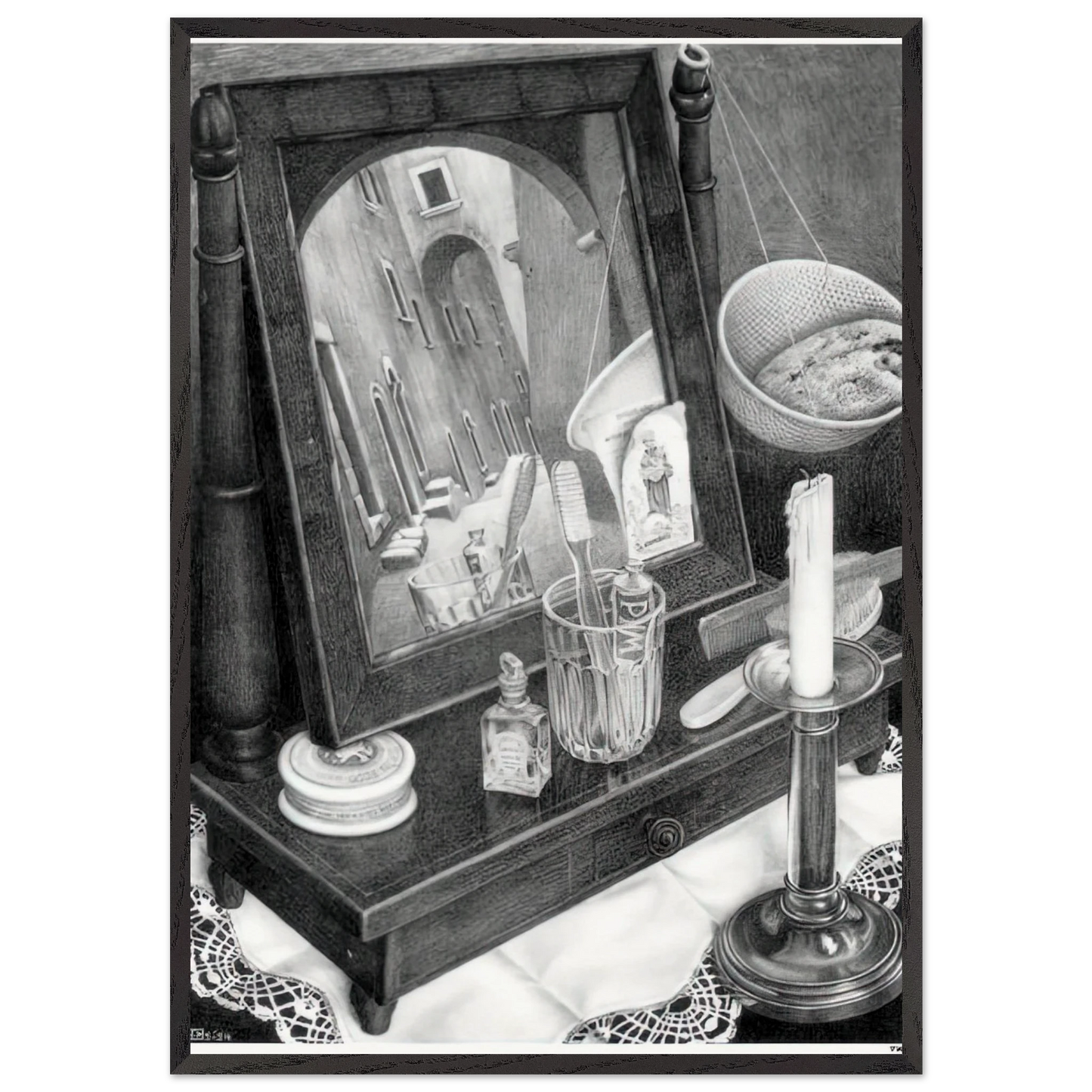 CANDLE MIRROR - MC Escher 70x100 cm / 28x40 inches Framed Art Print – Black Wooden Frame | Maurits Cornelis Escher Prints