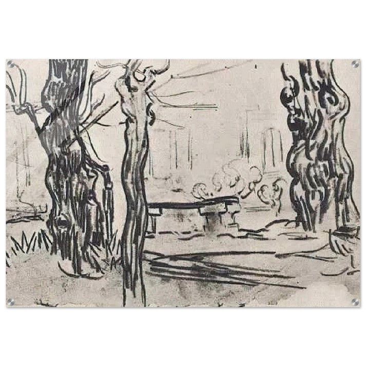 Garden of the Asylum and Tree Trunks and a Stone Bench - Vincent van Gogh Acrylic Print - 70x100 cm / 28x40″ inches | Vincent van Gogh Wall Art | Vincent van Gogh Prints