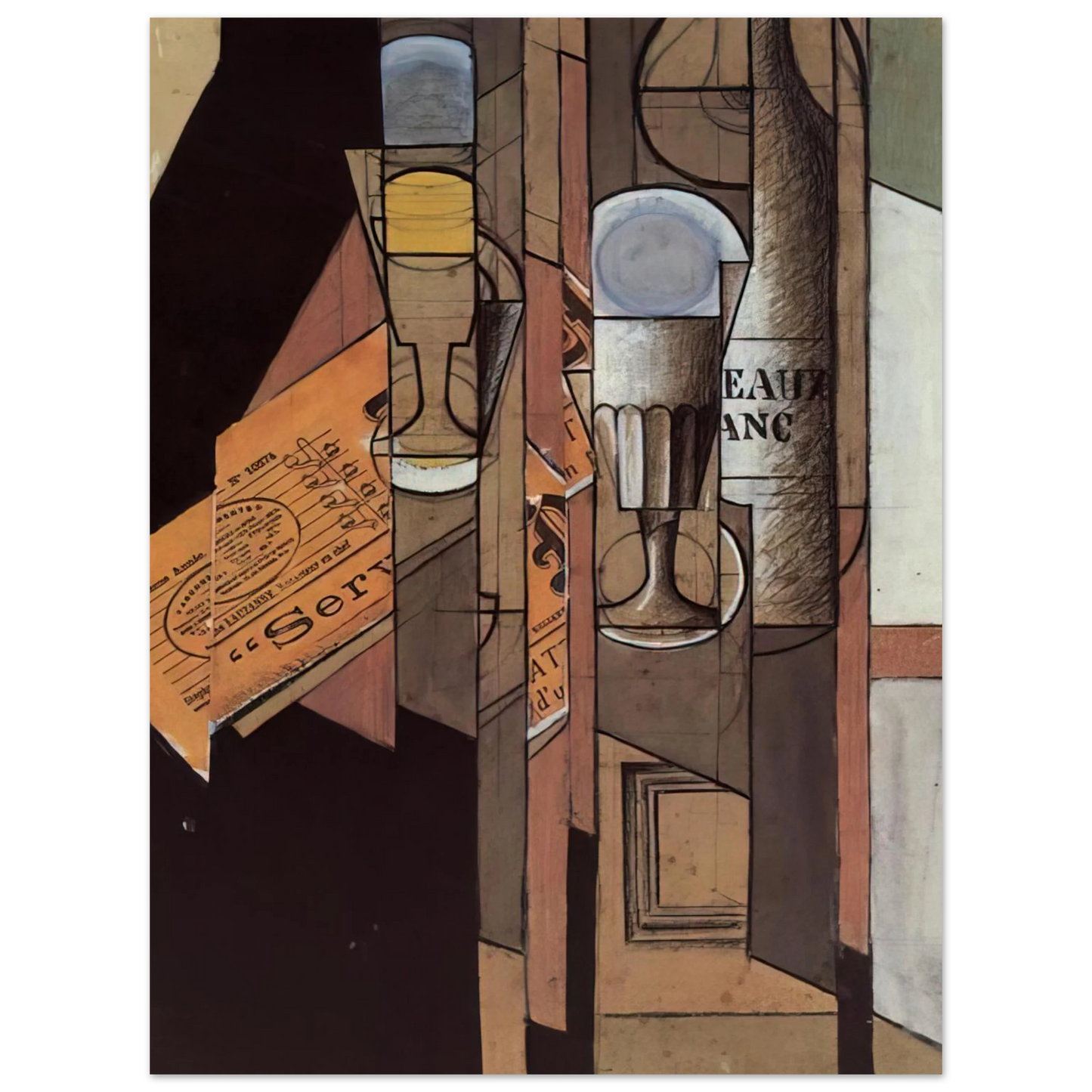 Juan Gris - GLASSES NEWSPAPER AND BOTTLE OF WINE 75x100 cm / 30x40inches Fine Art Poster