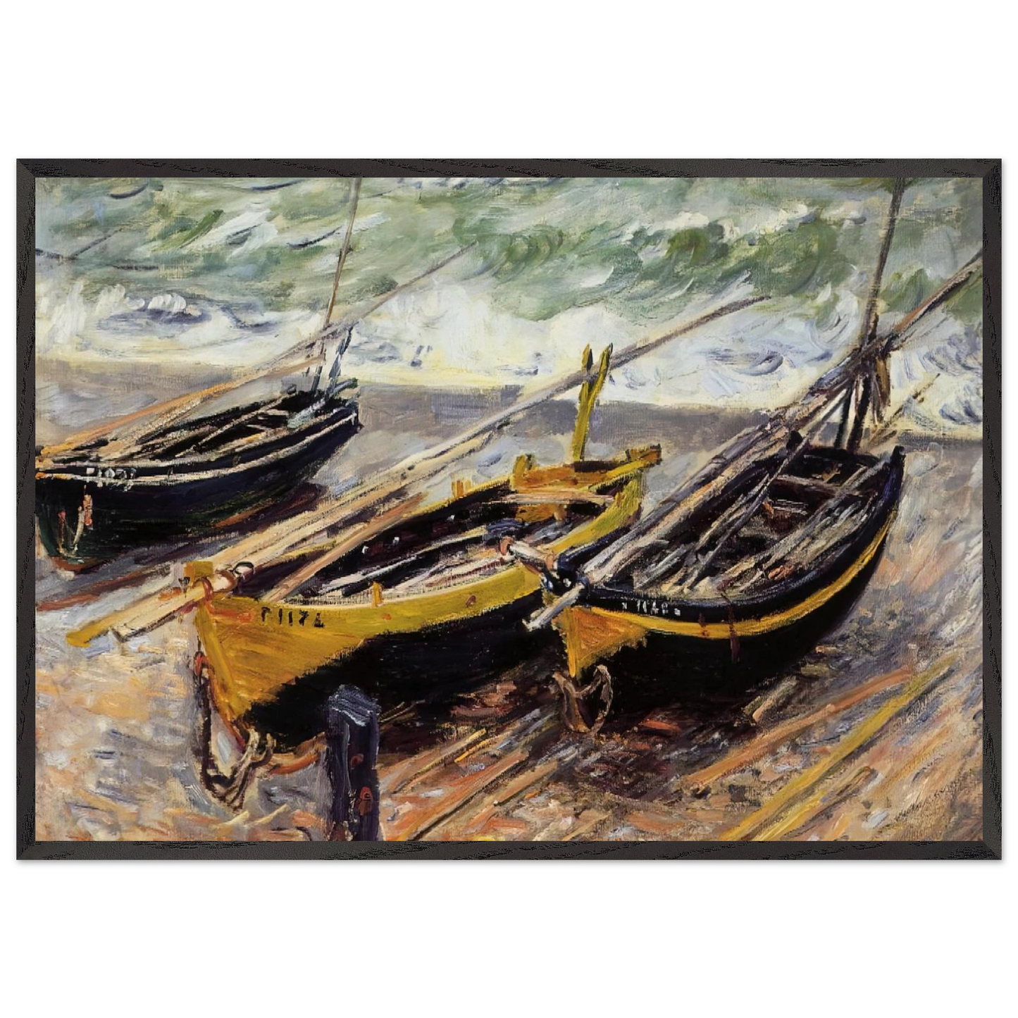 Three Fishing Boats - claude monet 70x100 cm / 28x40 inches Framed Art Print – Black Wooden Frame