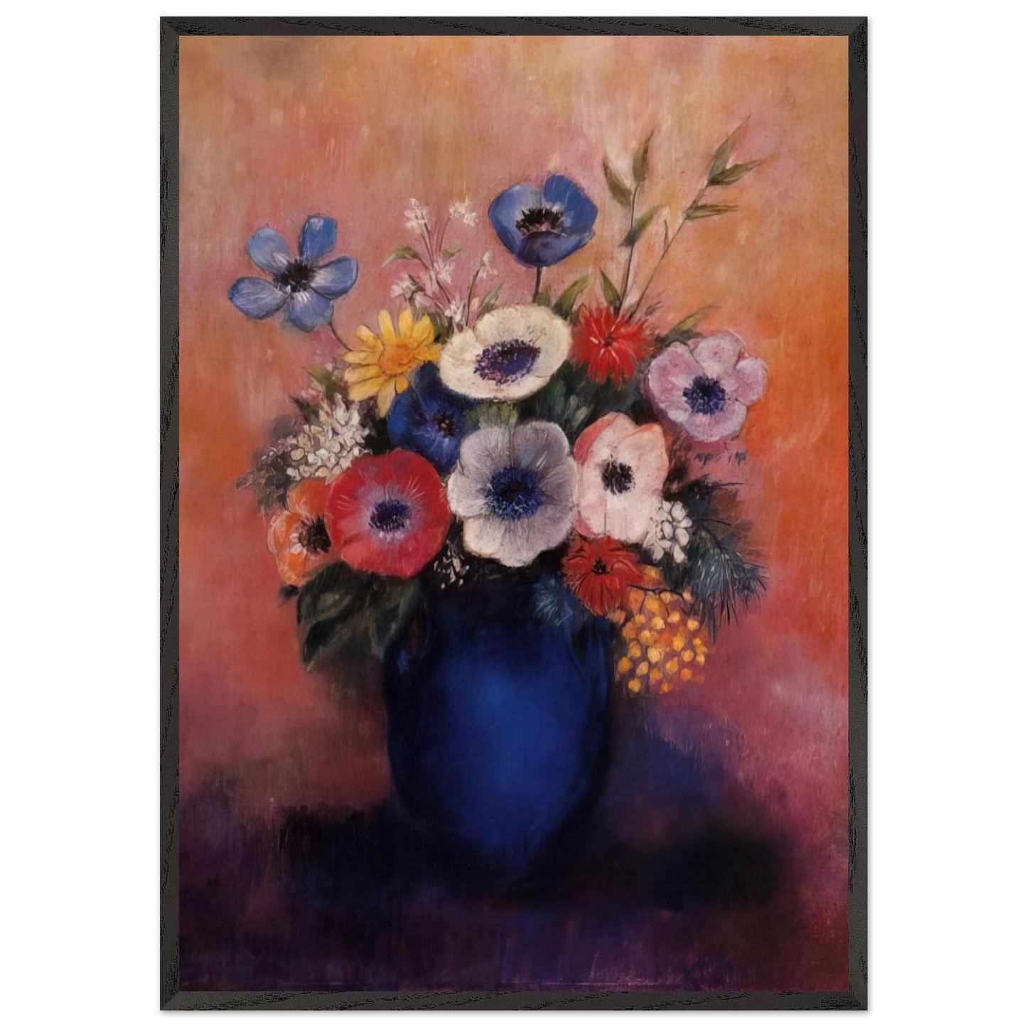 BOUQUET OF FLOWERS IN A BLUE VASE 1 - Odilon Redon 70x100 cm / 28x40 inches Framed Art Print – Black Wooden Frame