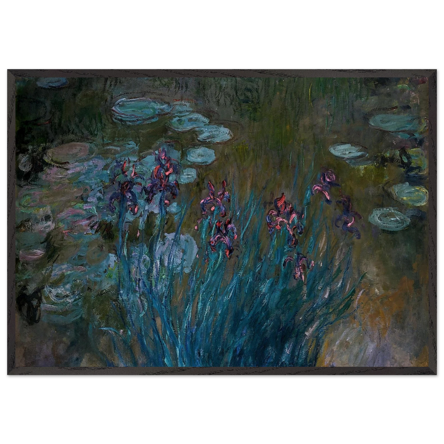 Irises and Water-Lilies - claude monet 70x100 cm / 28x40 inches Framed Art Print – Black Wooden Frame