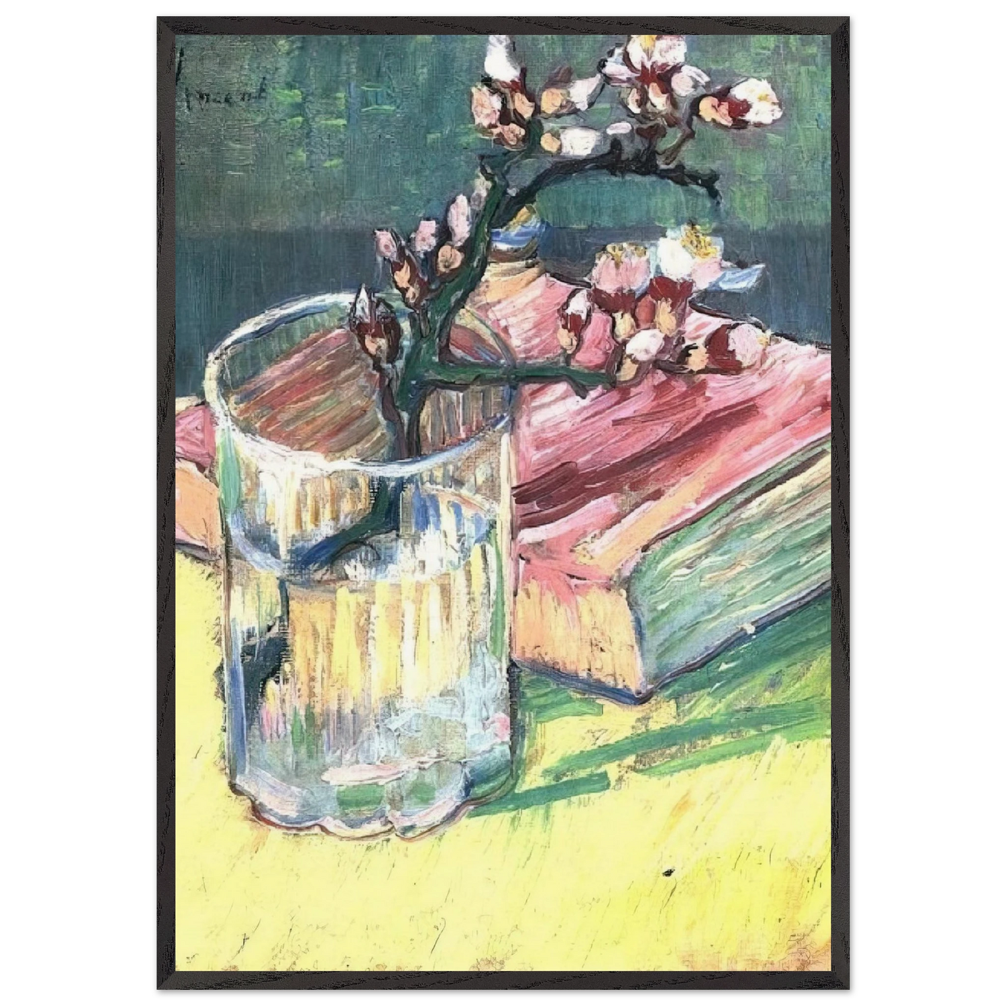 Blossoming Almond Branch in a Glass with a Book - Vincent van Gogh 70x100 cm / 28x40 inches Framed Art Print – Black Wooden Frame