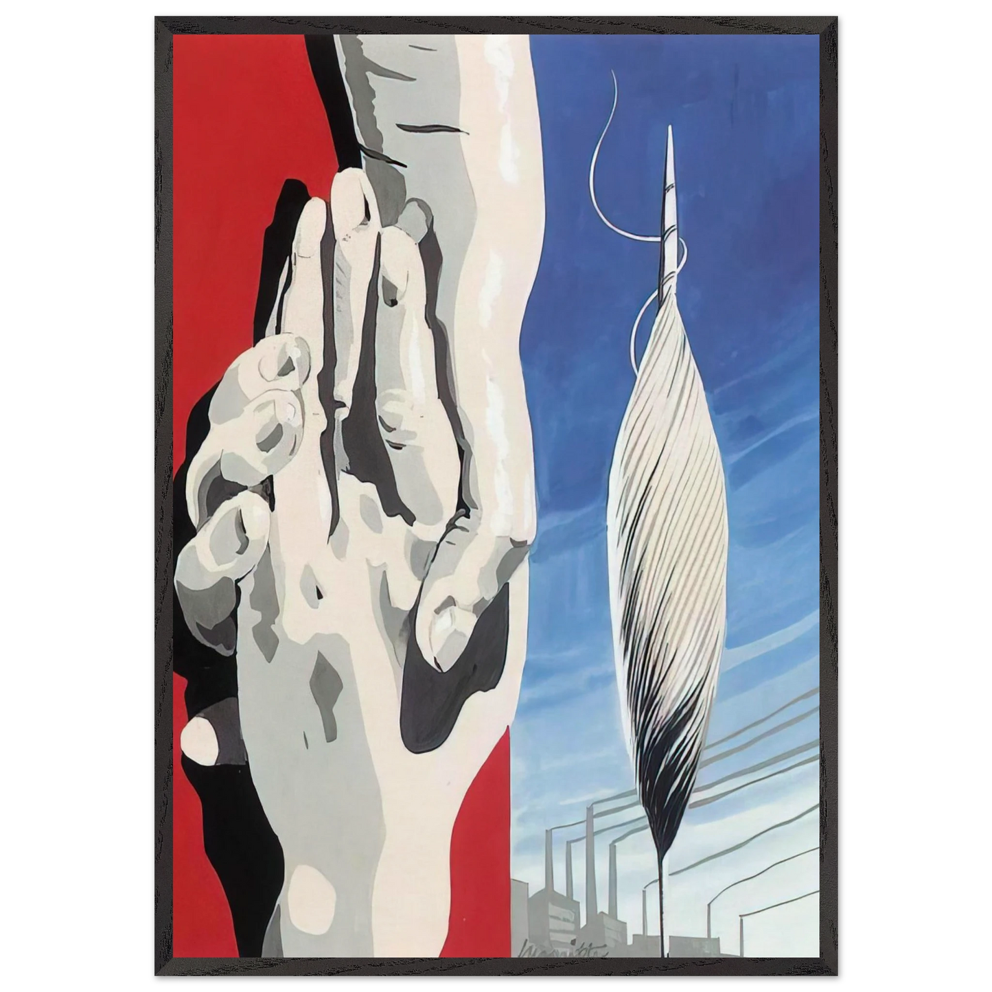 PROJECT OF POSTER THE CENTER OF TEXTILE WORKERS IN BELGIUM 1938 1 - Rene Magritte 70x100 cm / 28x40 inches Framed Art Print – Black Wooden Frame