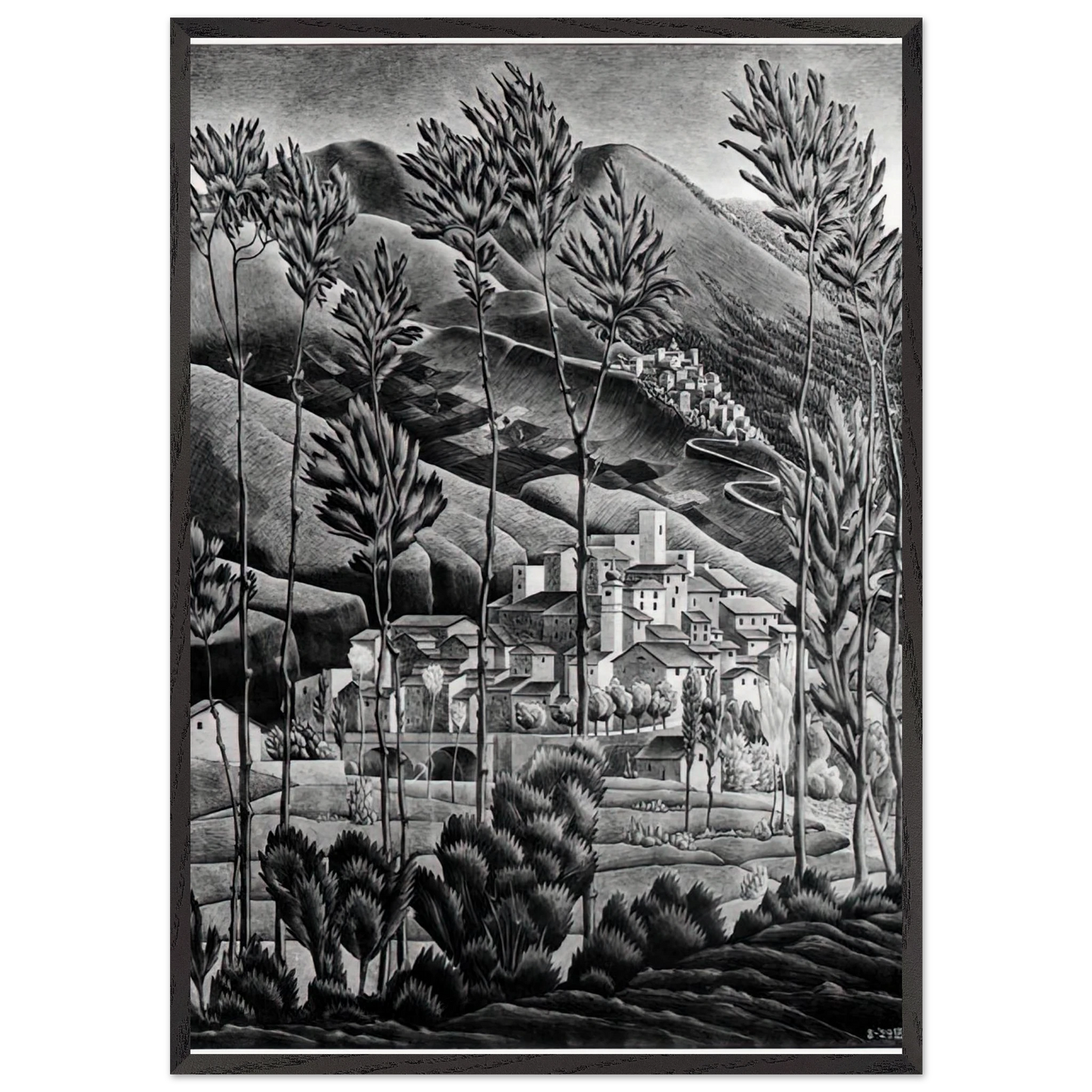 ALFEDENA ABRUZZI - MC Escher 70x100 cm / 28x40 inches Framed Art Print – Black Wooden Frame | Maurits Cornelis Escher Prints