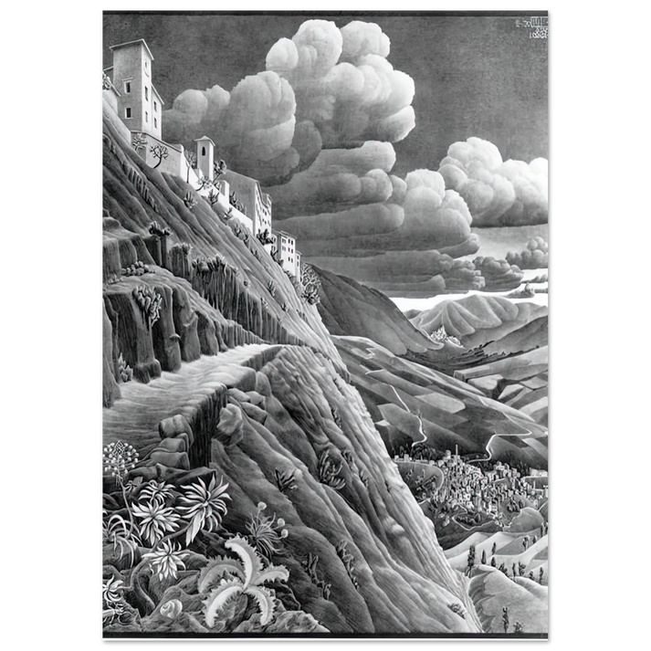 MC Escher - CASTROVALVA Wall Art - 60x80 cm / 24x32 inches - Premium Wooden Framed Poster With Fine Art Paper - Black frame