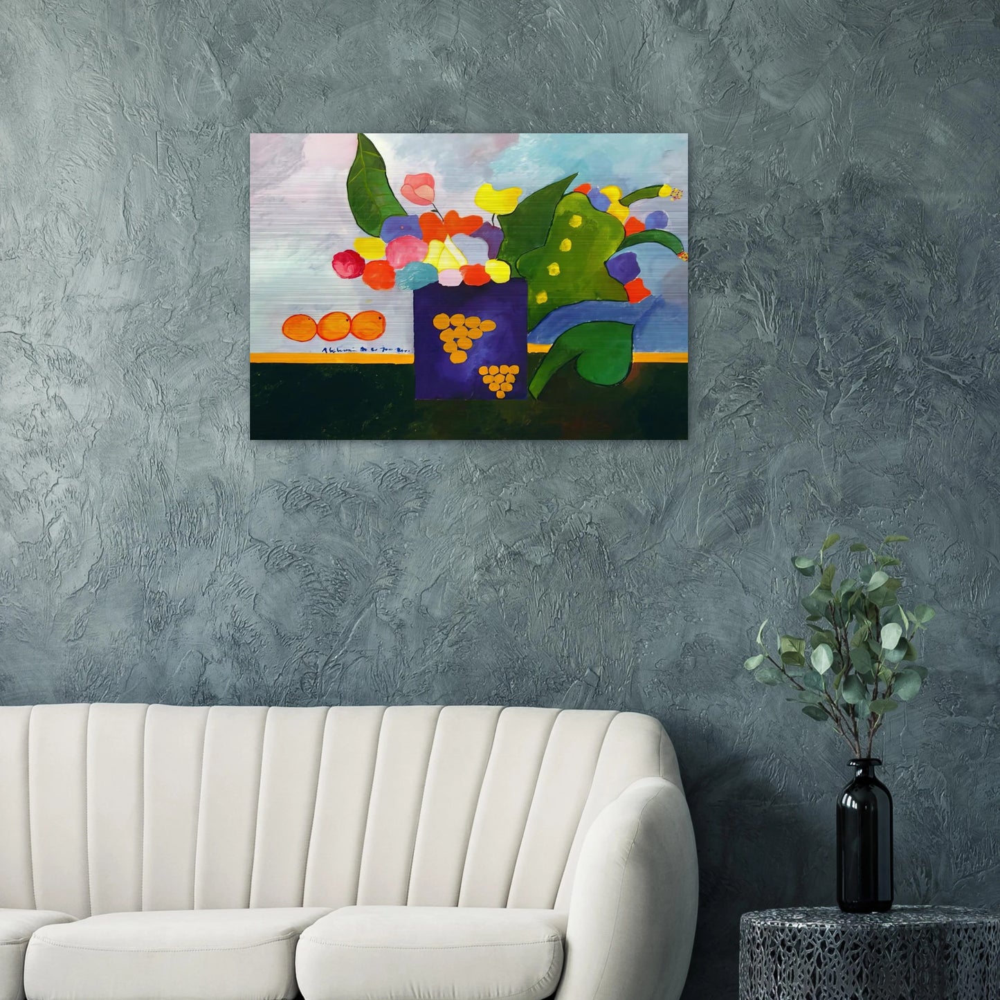 Vase With Flowers and Fruit - 2001 - Aldemir Martins Brushed Aluminum Print - 70x100 cm / 28x40 inches | Aldemir Martins Aluminum Print | Aldemir Martins Prints