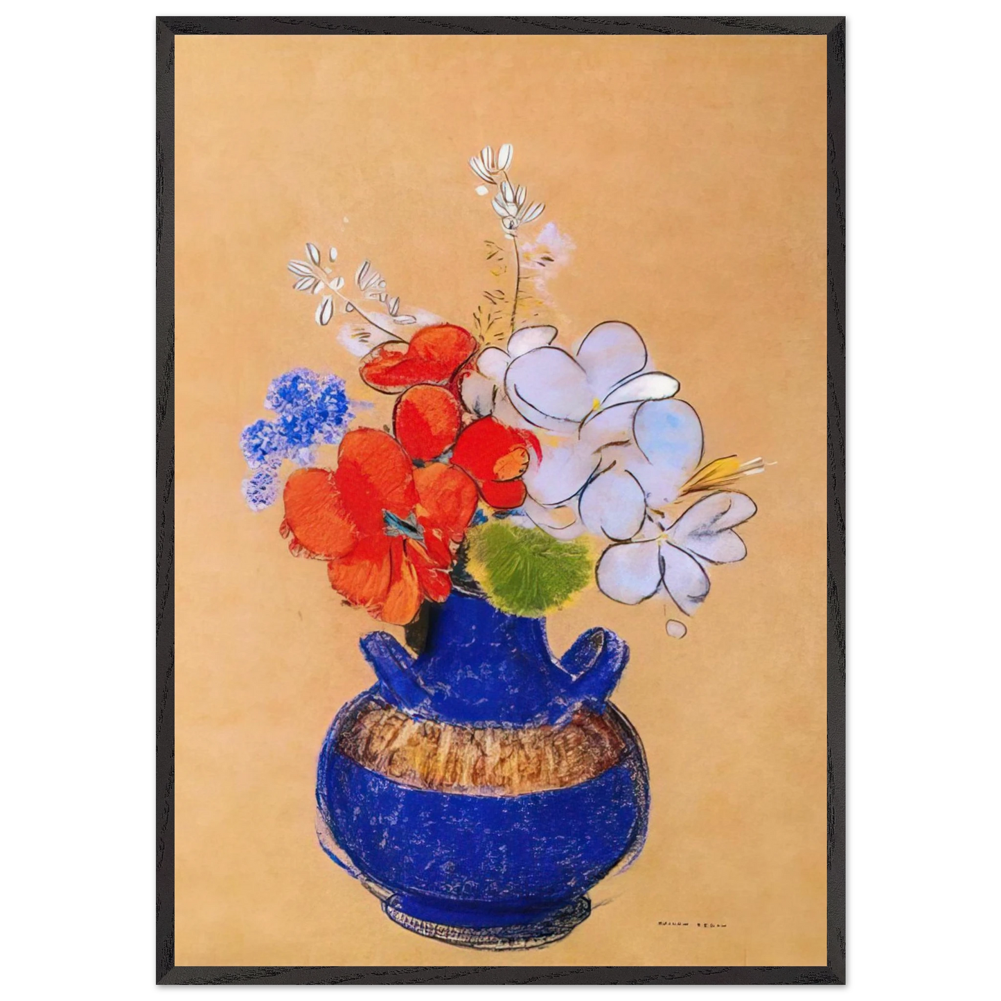 FLOWERS IN A BLUE VASE 1 - Odilon Redon 70x100 cm / 28x40 inches Framed Art Print – Black Wooden Frame