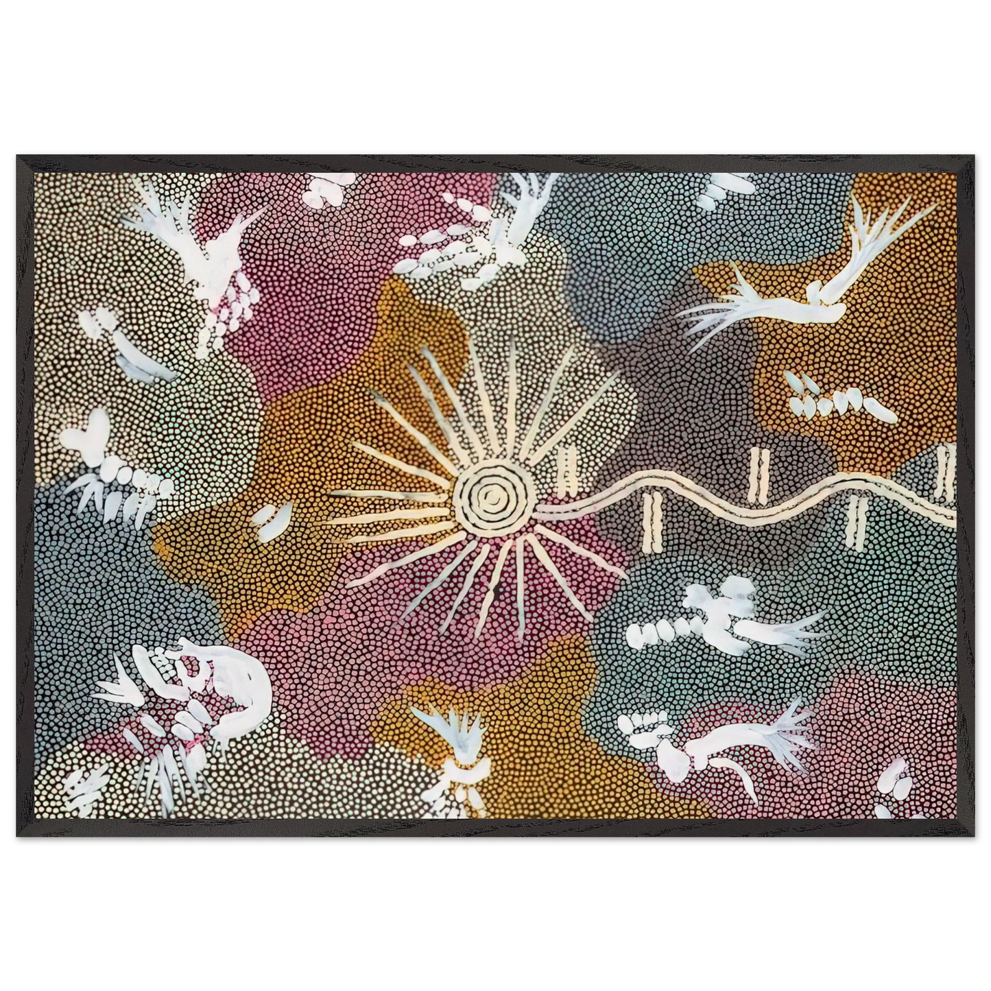Lightning Dreaming - 1999 - Clifford Possum Tjapaltjarri 70x100 cm / 28x40 inches Framed Art Print – Black Wooden Frame
