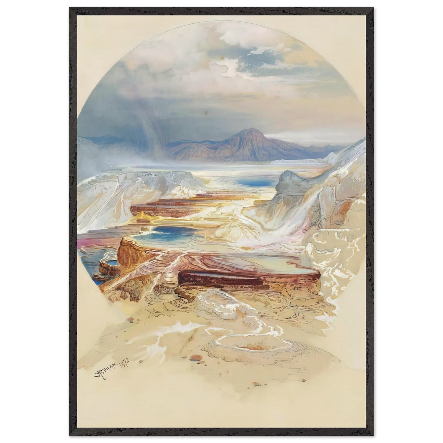 Minerva Terrace Yellowstone - Thomas Moran 70x100 cm / 28x40 inches Framed Art Print – Black Wooden Frame