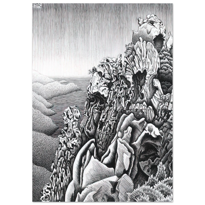 MC Escher - CALANQUES DE PIANA Wall Art - 30x40 cm / 12x16 inches - Premium Wooden Framed Poster With Fine Art Paper-canvas - White frame