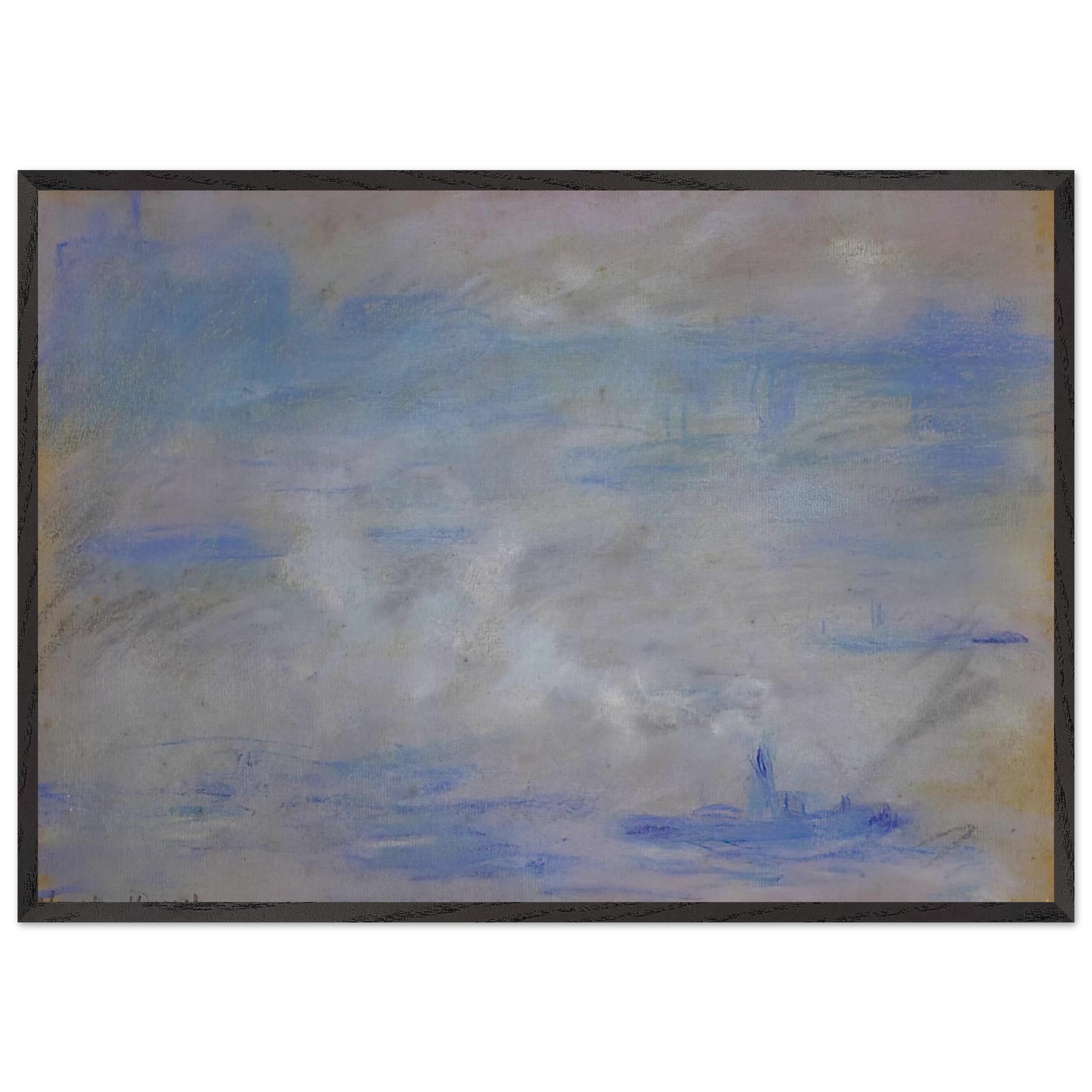 Boats on the Thames Fog Effect - claude monet 70x100 cm / 28x40 inches Framed Art Print – Black Wooden Frame