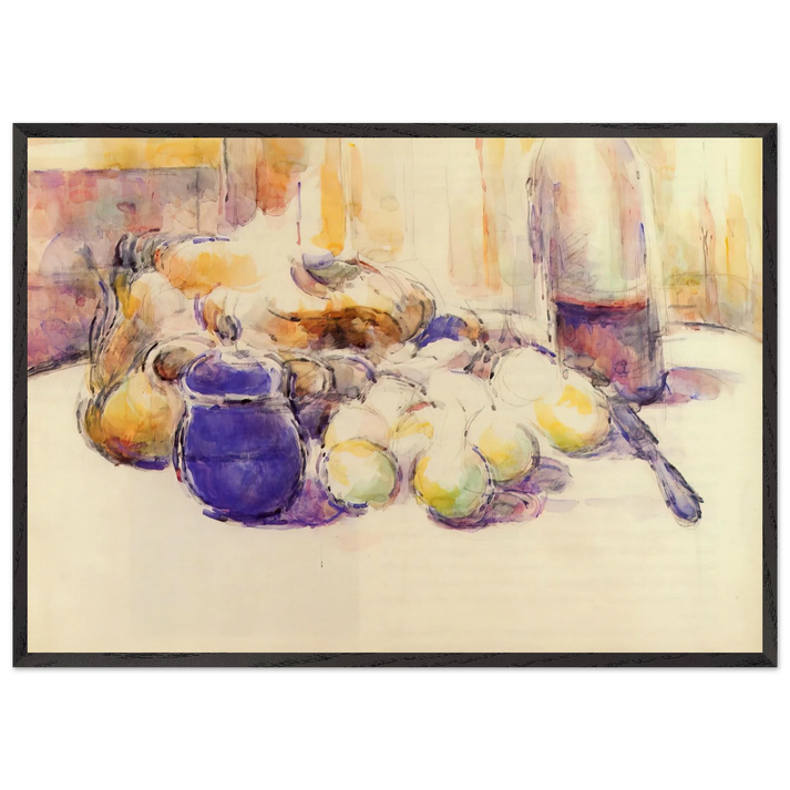 Blue Pot and Bottle of Wine - Paul Cezanne 70x100 cm / 28x40 inches Framed Art Print – Black Wooden Frame