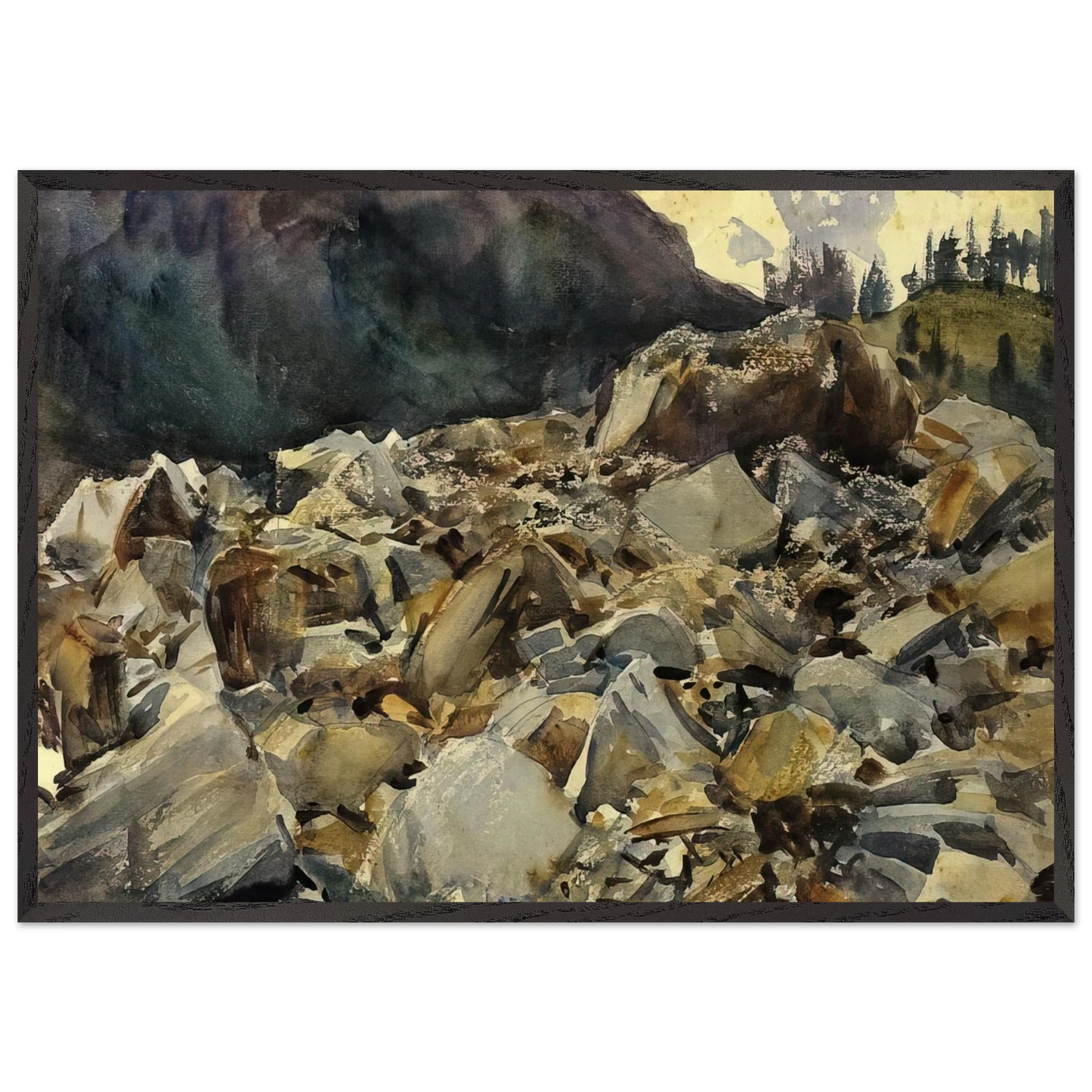 Purtud Alpine Scene and Boulders - John Singer Sargent 70x100 cm / 28x40 inches Framed Art Print – Black Wooden Frame