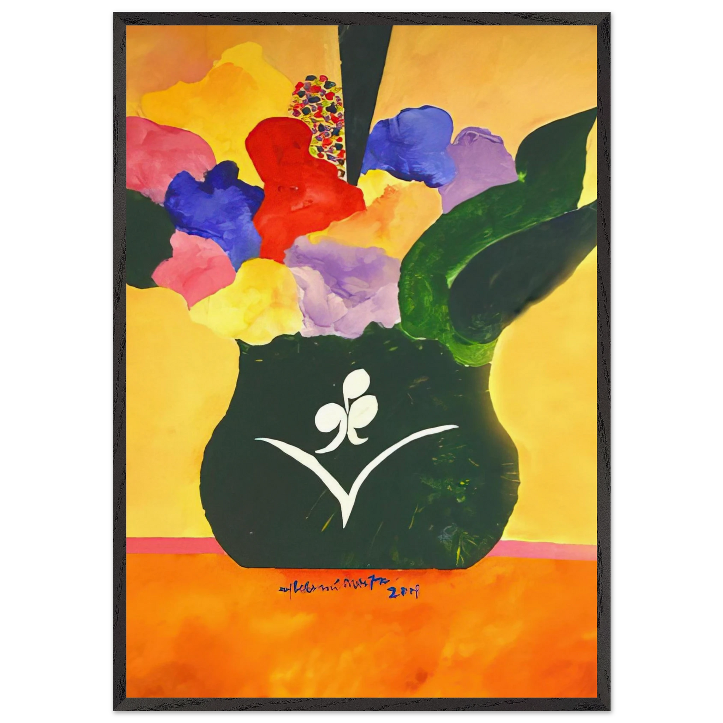 Green Vase With Flowers and Fruit - 2001 - Aldemir Martins 70x100 cm / 28x40 inches Framed Art Print – Black Wooden Frame