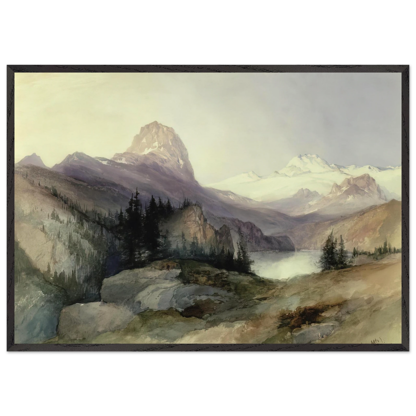 In the Bighorn Mountains - Thomas Moran 70x100 cm / 28x40 inches Framed Art Print – Black Wooden Frame