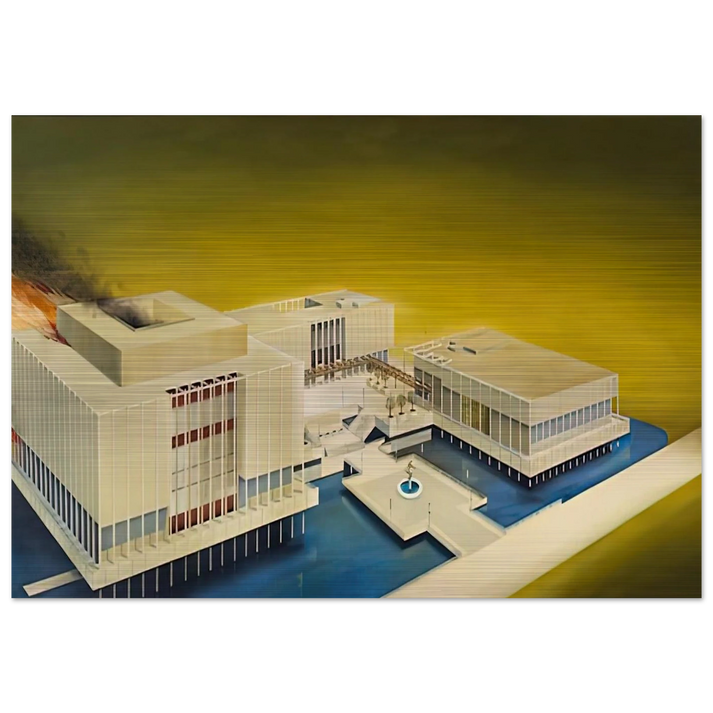 THE LOS ANGELES COUNTY MUSEUM ON FIRE 1968 - Edward Ruscha Brushed Aluminum Print - 70x100 cm / 28x40 inches | Edward Ruscha Aluminum Print | Edward Ruscha Prints
