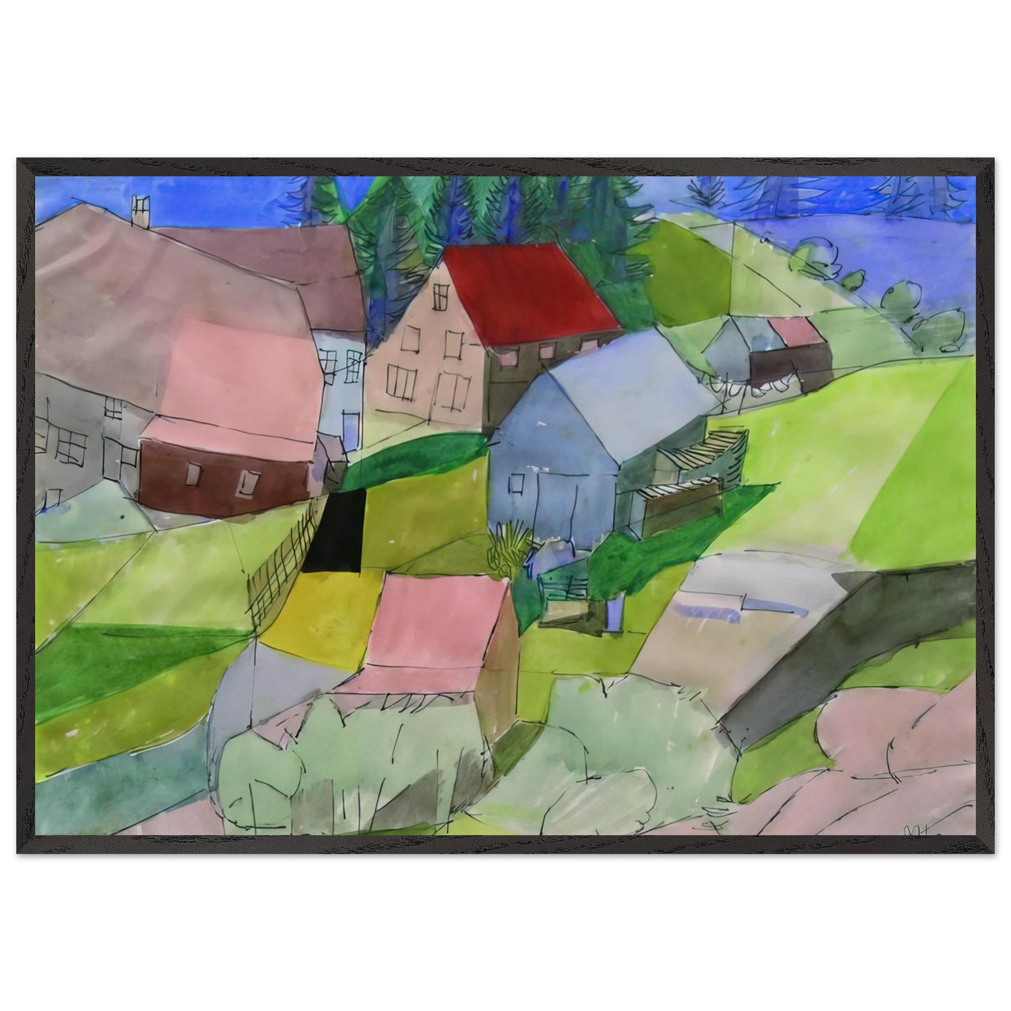 Hauser im Schwarzwald - Naive Art Primitivism - Johannes Itten 70x100 cm / 28x40 inches Framed Art Print – Black Wooden Frame