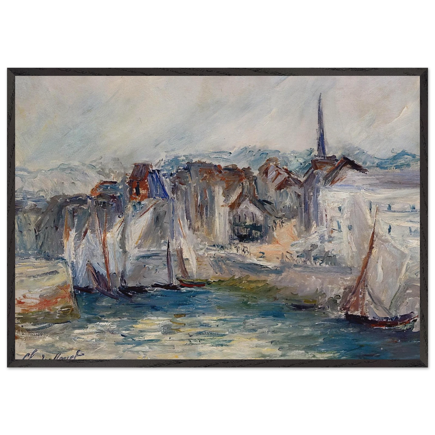 Boats in the Port of Honfleur - claude monet 70x100 cm / 28x40 inches Framed Art Print – Black Wooden Frame