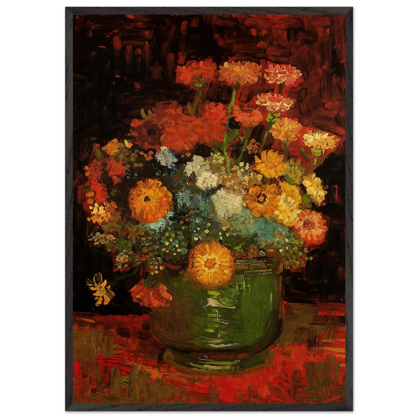 Vase with Zinnias - Vincent van Gogh 70x100 cm / 28x40 inches Framed Art Print – Black Wooden Frame