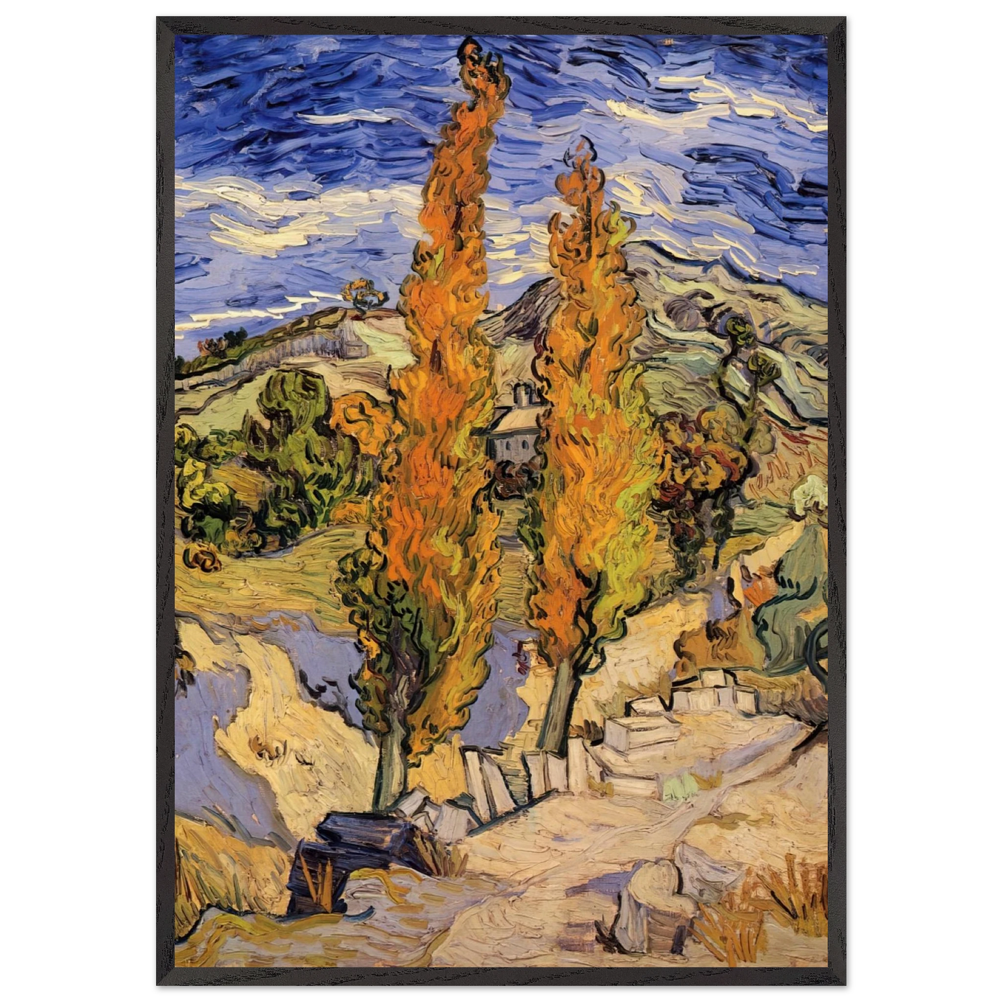 Two Poplars on a Hill - Vincent van Gogh 70x100 cm / 28x40 inches Framed Art Print – Black Wooden Frame