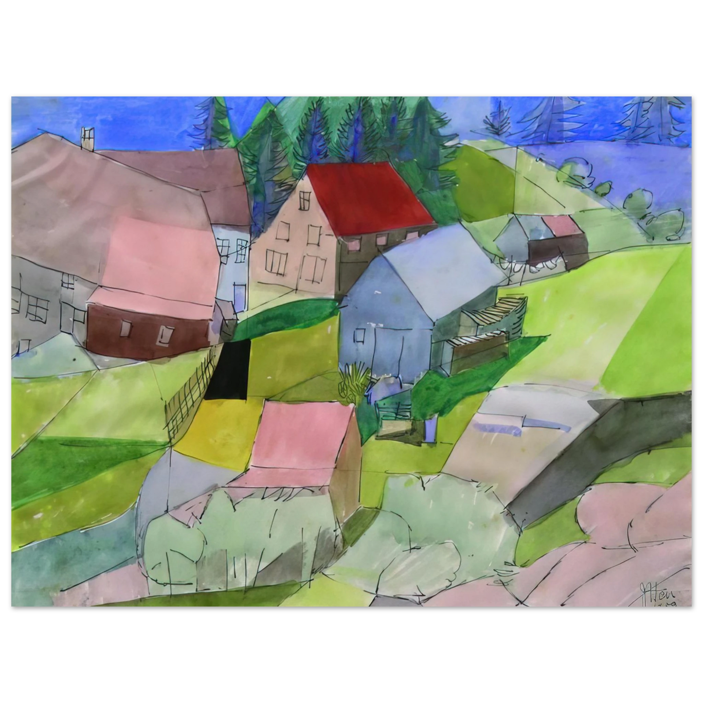 Johannes Itten - Häuser im Schwarzwald - Naïve Art Primitivism 75x100 cm / 30x40inches Fine Art Poster