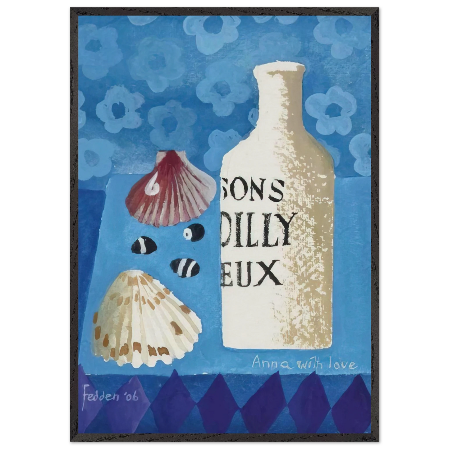 Still life with bottle and shells - 2006 - Mary Fedden 70x100 cm / 28x40 inches Framed Art Print – Black Wooden Frame