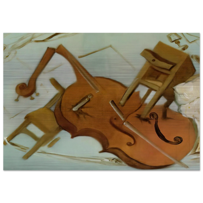 BED CHAIR AND BEDSIDE TABLE FEROCIOUSLY ATTACKING A CELLO - Salvador Dali Brushed Aluminum Print - 70x100 cm / 28x40 inches | Salvador Dali Aluminum Print | Salvador Dali Prints