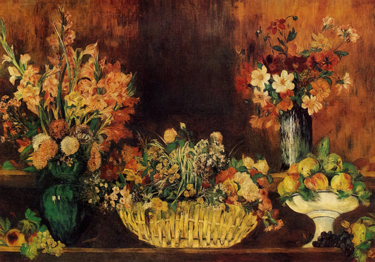 Auguste Renoir Art: The Joyful Impressionist's Legacy in Color and Light - Vase, Basket of Flowers and Fruit by Pierre-Auguste Renoir