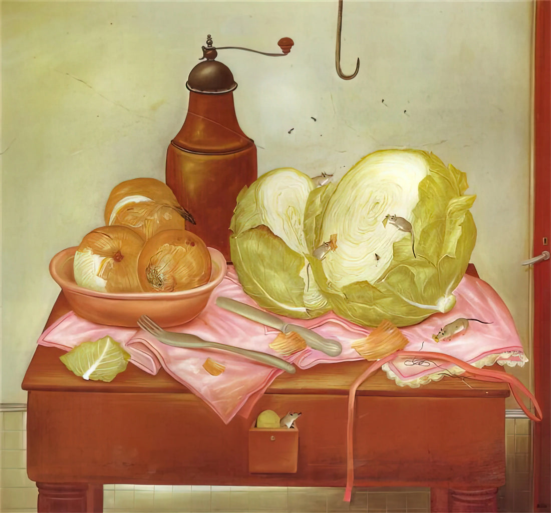 Botero Melancholia: Exploring the Quiet Sorrow in Fernando Botero's Monumental Figures - KITCHEN TABLE 1 by Fernando Botero