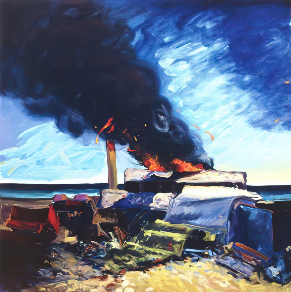 Carlos Almaraz Art for Sale: A Collector's Guide to the Chicano Expressionist's Vibrant Legacy - Beach Trash Burning - 1982 by Carlos Almaraz