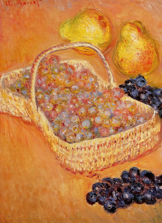 Claude Monet Woman Seated Under the Willows: An Analysis of Light, Atmosphere, and Artistic Evolution - Basket of Graphes, Quinces and Pears by claude monet