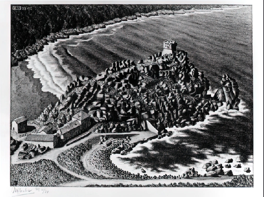 Escher Day and Night Print: A Masterpiece of Visual Paradox and Mathematical Art - GULF OF PORTO CORSICA DECEMBER 1933 1933 by MC Escher