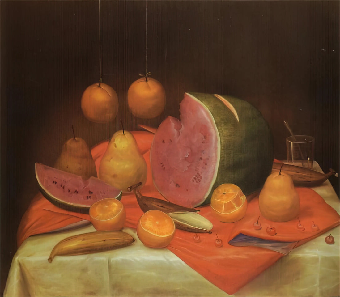 Fernando Botero Canvas: The Monumental World of Voluptuous Forms - STILL LIFE WITH WATERMELON by Fernando Botero