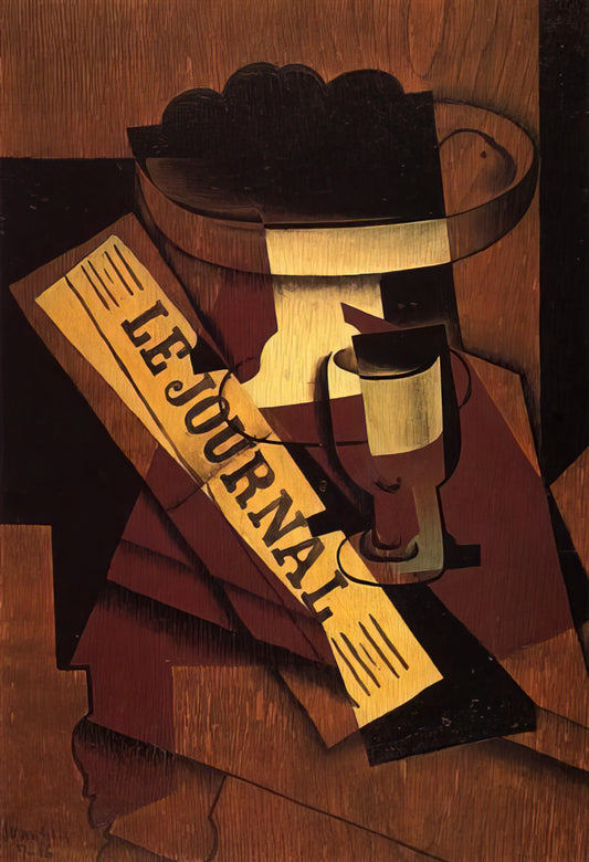 Juan Gris Art Prints: The Analytical Cubist's Mastery in Modern Reproduction - FRUIT DISH GLASS AND NEWSPAPER 1916 by Juan Gris