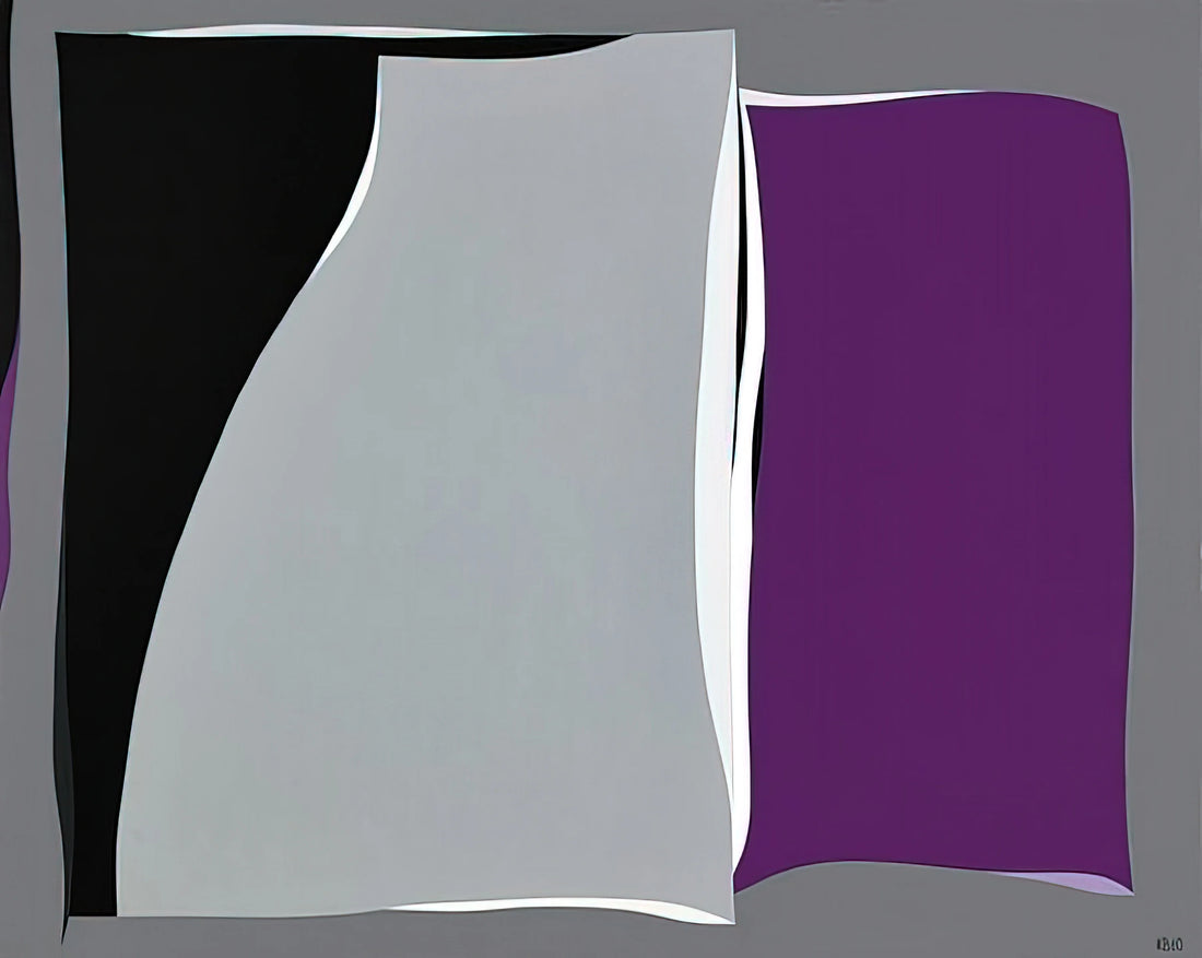 Karl Benjamin Prints: A Journey into Geometric Abstraction and Chromatic Brilliance - Black  Gray Curves with Purple - 1960 by Karl Benjamin