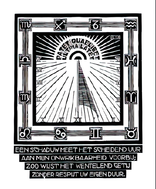 MC Escher Puddle Print: A Masterpiece of Mathematical Art and Optical Illusion - SUNDIAL XXIV EMBLEMATA REJECTED PLATE 1931 by MC Escher