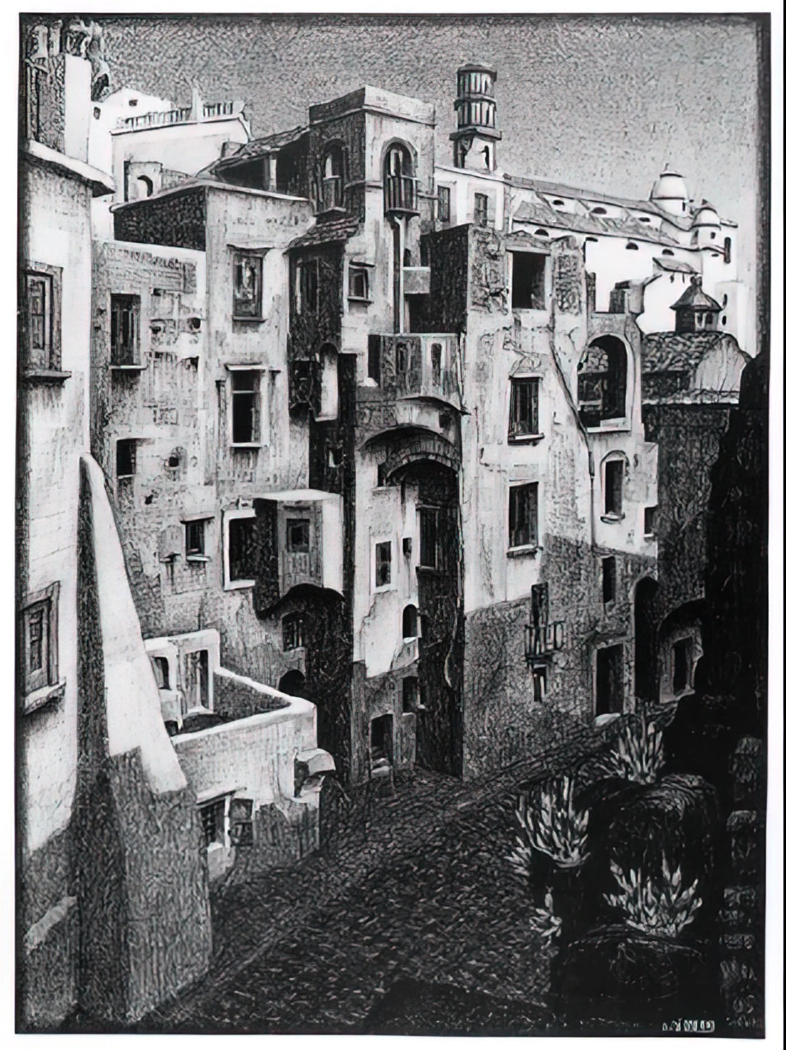 MC Escher Puddle Print: A Masterpiece of Reflection and Illusion - DILAPIDATED HOUSES IN ATRANI 1931 by MC Escher