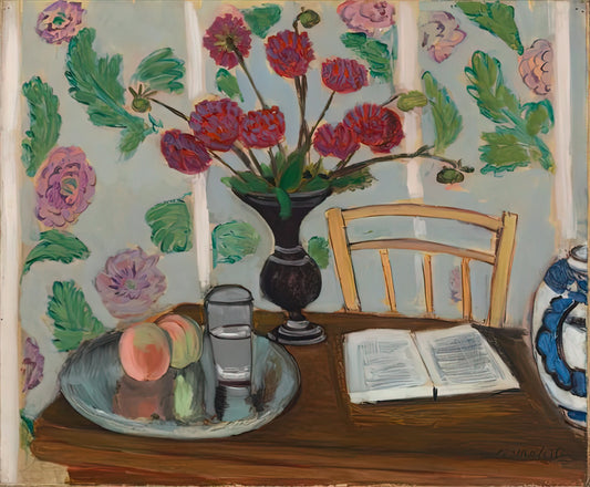 Matisse Linocut: The Master's Bold Exploration in Printmaking - STILL LIFE BOUQUET OF DAHLIAS AND WHITE BOOK 1923 by Henri Matisse