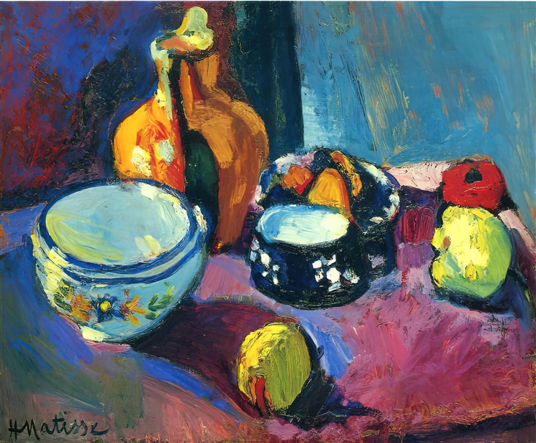 Matisse The Sheaf Print: A Masterpiece of Color and Form in Modern Art - DISHES AND FRUIT ON A RED AND BLACK CARPET 1901 by Henri Matisse