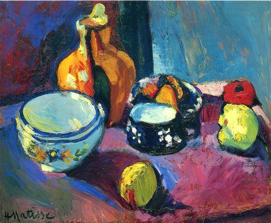 Matisse The Sheaf Print: A Masterpiece of Color and Form in Modern Art - DISHES AND FRUIT ON A RED AND BLACK CARPET 1901 by Henri Matisse