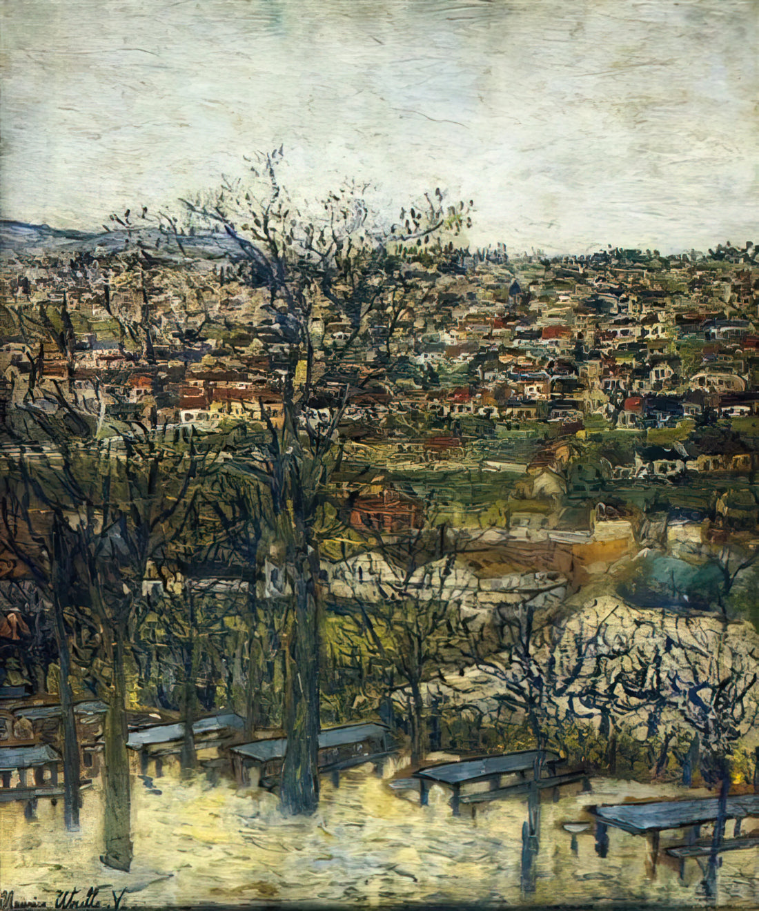 Maurice Utrillo: Chronicler of Montmartre's Soul - BENCHES AT MONTMAGNY VAL D OISE by Maurice Utrillo
